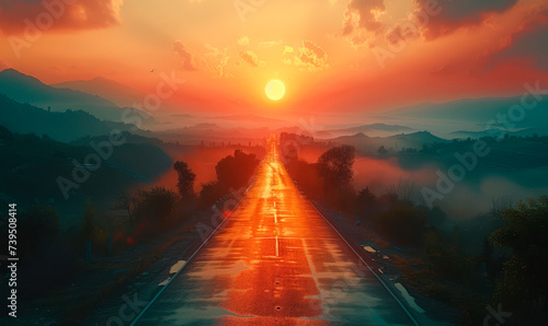 beautiful sun rising sky with asphalt highways road in rural scene use land transport and traveling background backdrop.