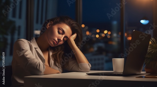 Tired businesswoman sleeping on table in office. Young overworked exhausted girl working from home. Woman using laptop. Entrepreneur, business, freelance work, student, stress, work from home concept photo