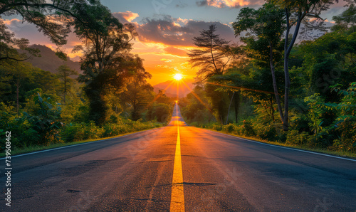 beautiful sun rising sky with asphalt highways road in rural scene use land transport and traveling background,backdrop.