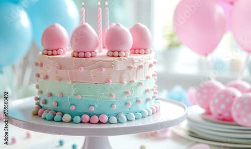 a colorful birthday cake with balloons is in the background