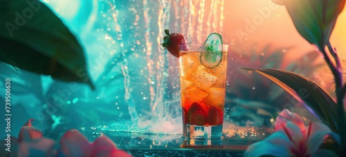 a cocktail with a strawberry garnish and a cucumber slice photo