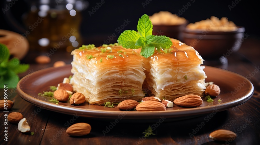 Traditional arabic dessert baklava with cashew, walnuts and cardamom with an eucalyptus branch on a wooden table. Homemade baklava with nuts and honey Traditional arabic dessert baklava with cashew, walnuts and cardamom with an eucalyptus branch on a wooden table. Homemade baklava with nuts and honey