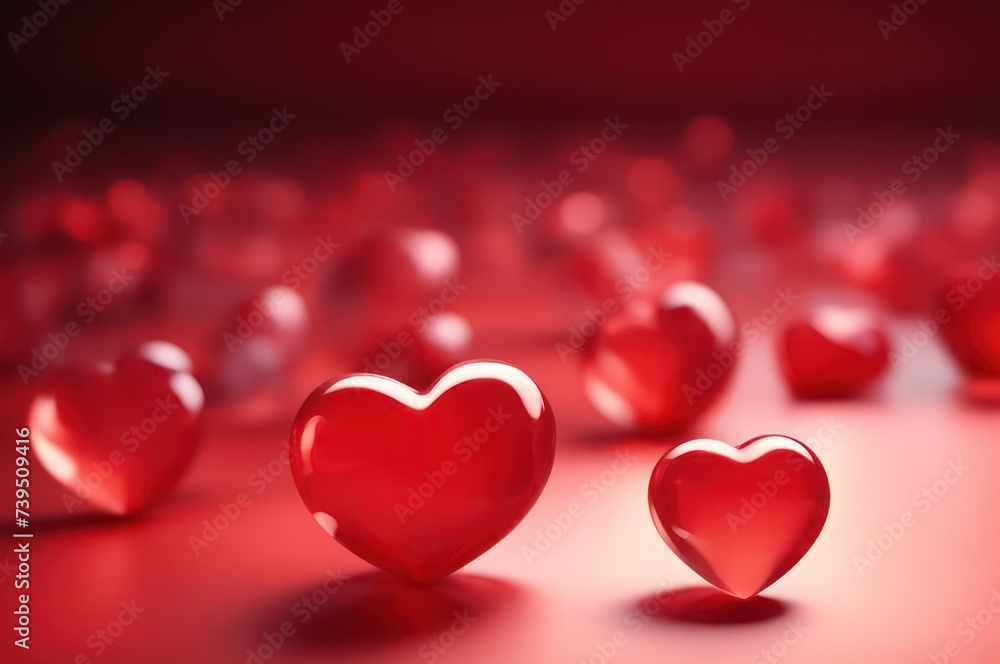 Lots of glass hearts on a red background. Mockup for presentation, card, banner, poster. Lots of glass hearts on a red background. Mockup for presentation, card, banner, poster.