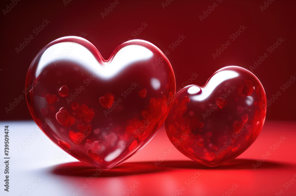 Two glass hearts on a red background. Mockup for presentation, card, banner, poster. Two glass hearts on a red background. Mockup for presentation, card, banner, poster.