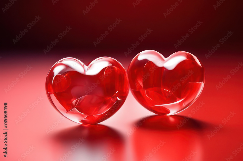 Two glass hearts on a red background. Mockup for presentation, card, banner, poster. Two glass hearts on a red background. Mockup for presentation, card, banner, poster.