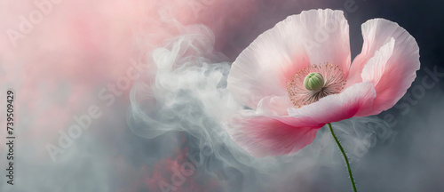 Pastelowy różowy kwiat, abstrakcyjny mak i dym. Abstrakcyjne różowe tło kwiatowe