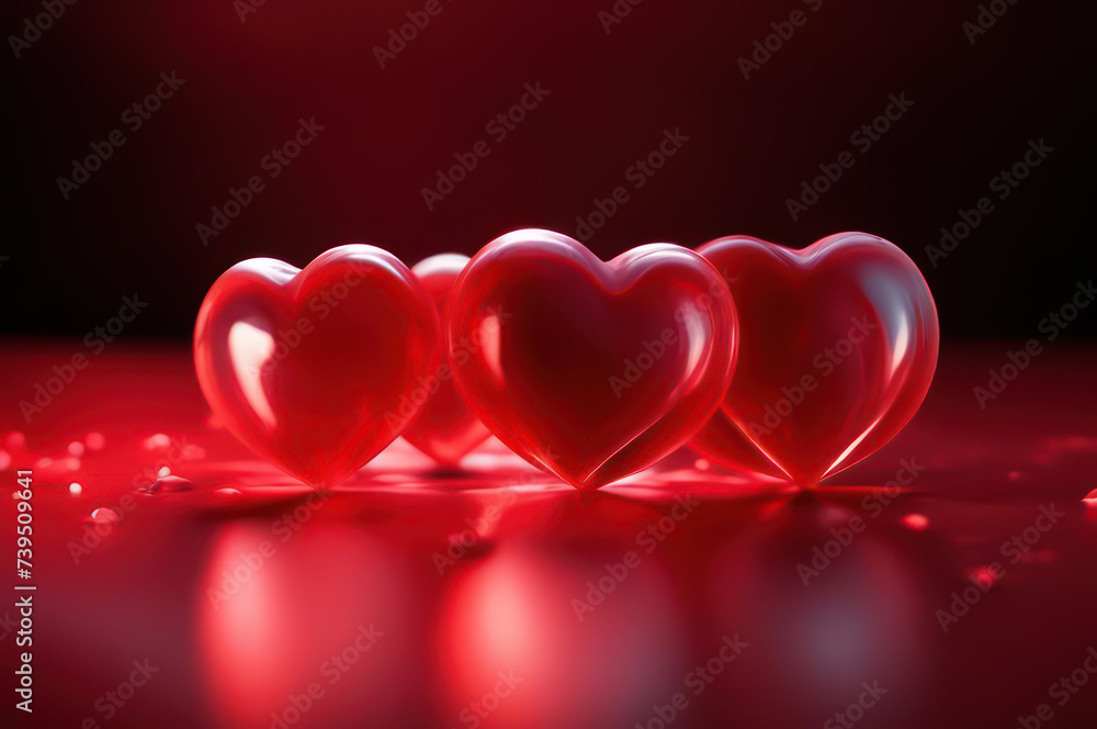 3 glass hearts on a red background. Mockup for presentation, card, banner, poster. AI generated. 3 glass hearts on a red background. Mockup for presentation, card, banner, poster. AI generated.