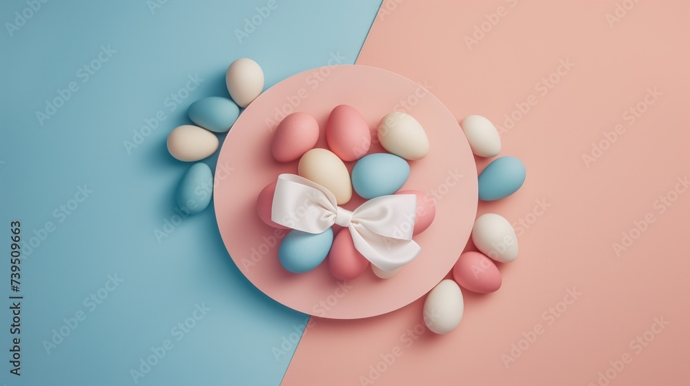 Fundo fotográfico de páscoa rosa e azul com ovos coloridos e cores pastéis - obrazy, fototapety, plakaty 