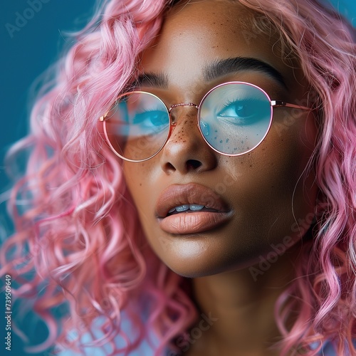 mulatto girl with pink hair wearing glasses