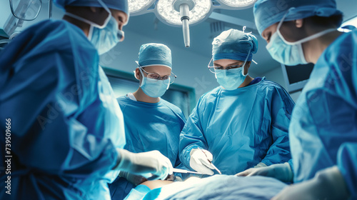 Surgeons working in operating room Plastic surgeons operating patient for breast implant. Team of doctors are in scrubs at operating room