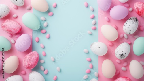 Fundo fotográfico de páscoa rosa e azul com ovos coloridos e cores pastéis