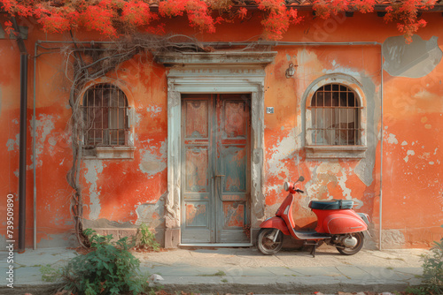 Fototapeta Naklejka Na Ścianę i Meble -  Red scooter parked on the street in front of a old door and plastered wall.