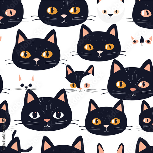Seamles pattern with different cats heads Cute ve