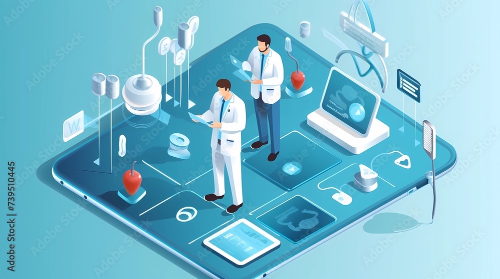 Isometric medical technology concept with doctor and patient on smartphone vector illustration, Generative AI illustrations. Isometric medical technology concept with doctor and patient on smartphone vector illustration, Generative AI illustrations.