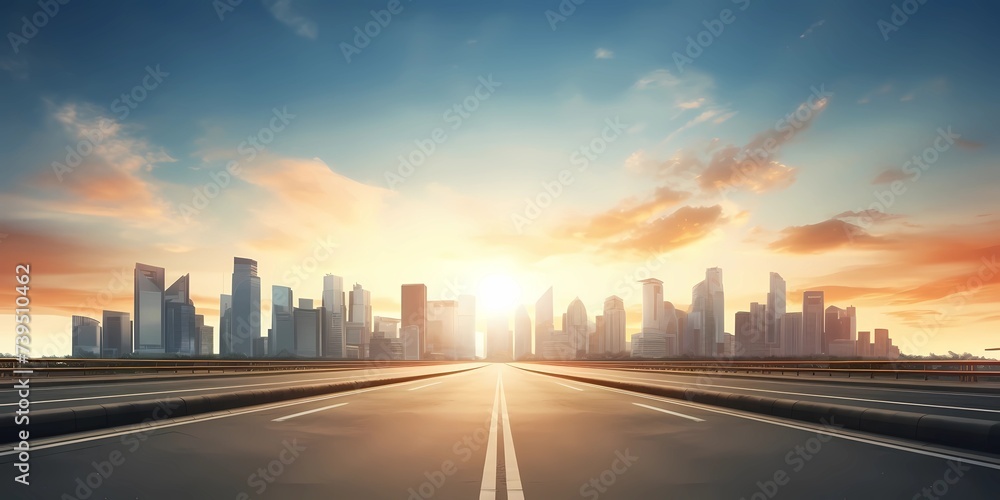 Asphalt highway and modern city skyline at sunset, Generative AI illustrations.