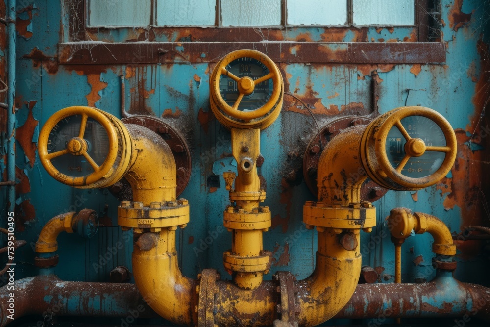 industrial steel factory background with blue and yellow pipes industrial steel factory background with blue and yellow pipes