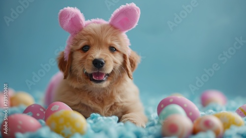 Fundo com cachorrinho fofo com orelhas de coelho da páscoa e ovos coloridos envolta photo