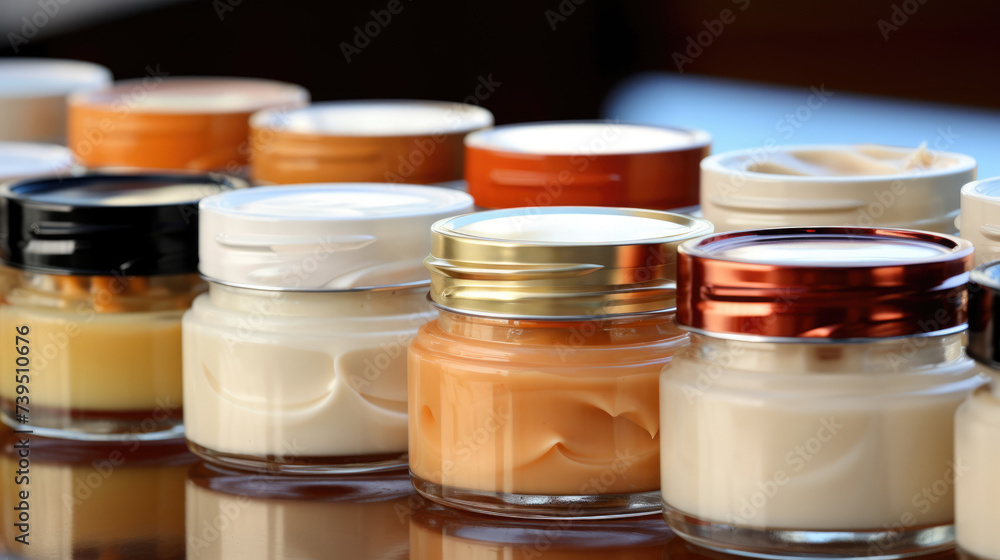 Close-up view of various jars with caring creams Close-up view of various jars with caring creams