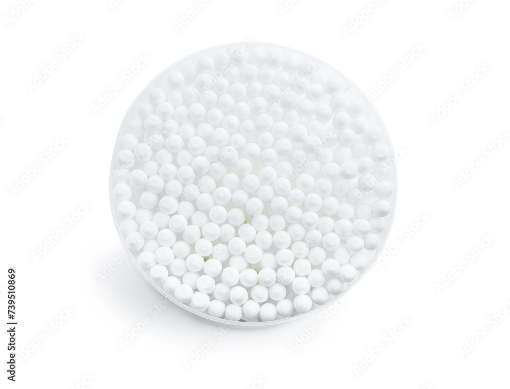 Cotton buds in transparent plastic box isolated on white background Cotton buds in transparent plastic box isolated on white background