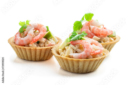 Shrimp and cheese salad tartlets appetizer isolated on white