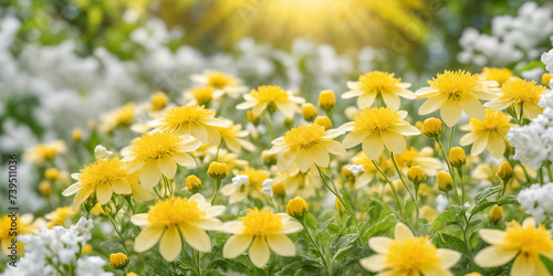 field of blooming yellow flowers on a background sunset. Generative Ai