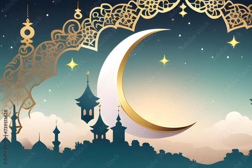 lantern islamic Mosque, crescent moon Ramadan Kareem themed illustration background, eid