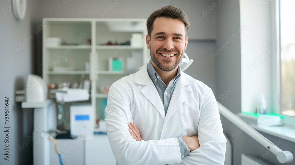 Portrait of a smilling handsome confident male doctor in a dental clinic office, space for text. Generative AI