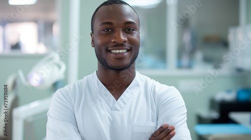 Portrait of a smilling handsome confident african male doctor in a dental clinic office, space for text. Generative AI