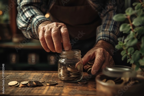 Close-up of elderly hands depositing coins into a glass jar, savings concept, business economy.