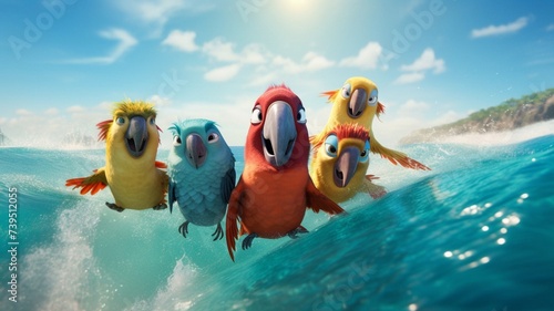 Funny colorful parrots bathing in blue water