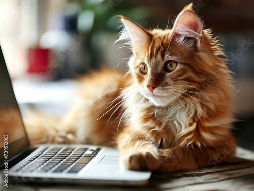 A fluffy red cat lies near a laptop and looks at the laptop screen.