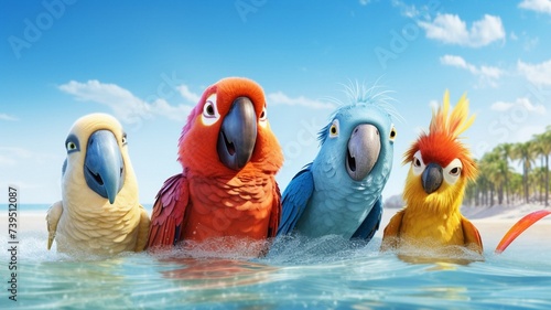 Funny colorful parrots bathing in blue water