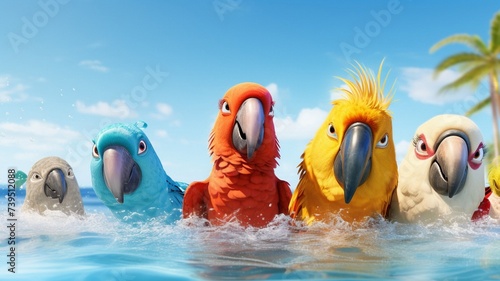 Funny colorful parrots bathing in blue water