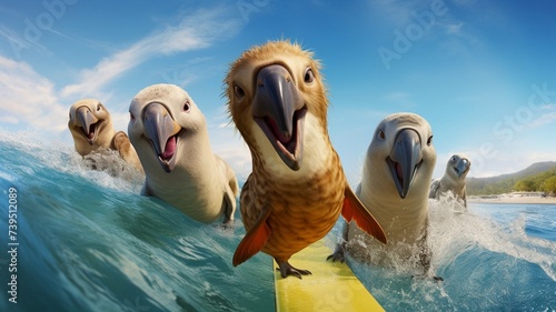 Funny colorful parrots bathing in blue water