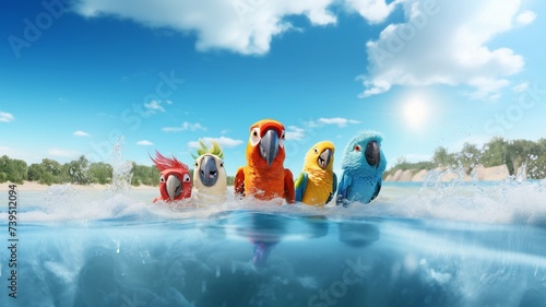 Funny colorful parrots bathing in blue water