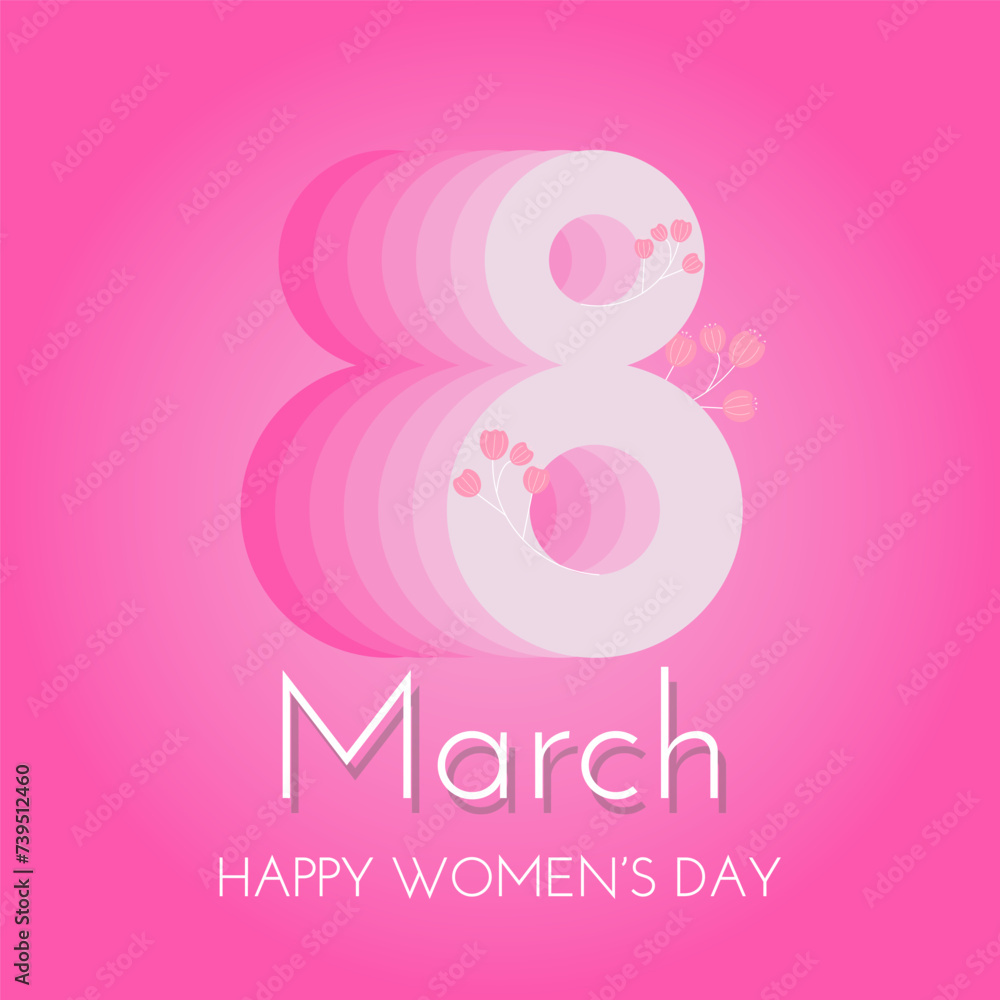 8 march Women's Day Banner. Flyer, banner, cover, social media number 8 with flowers, pink background. Vector illustration