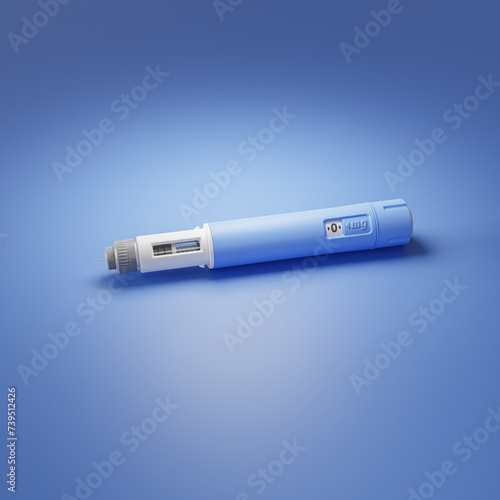 Injector / dosing pen  for subcutaneous injection of antidiabetic medication or anti-obesity medication on blue background. photo