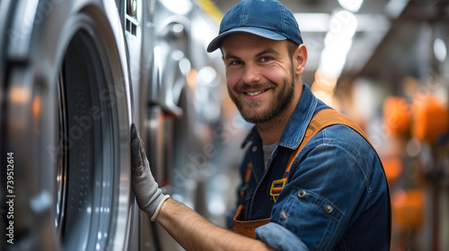 Appliance repair man fixing dryers.