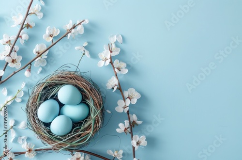 blue eggs decorated in a nest on a blue background