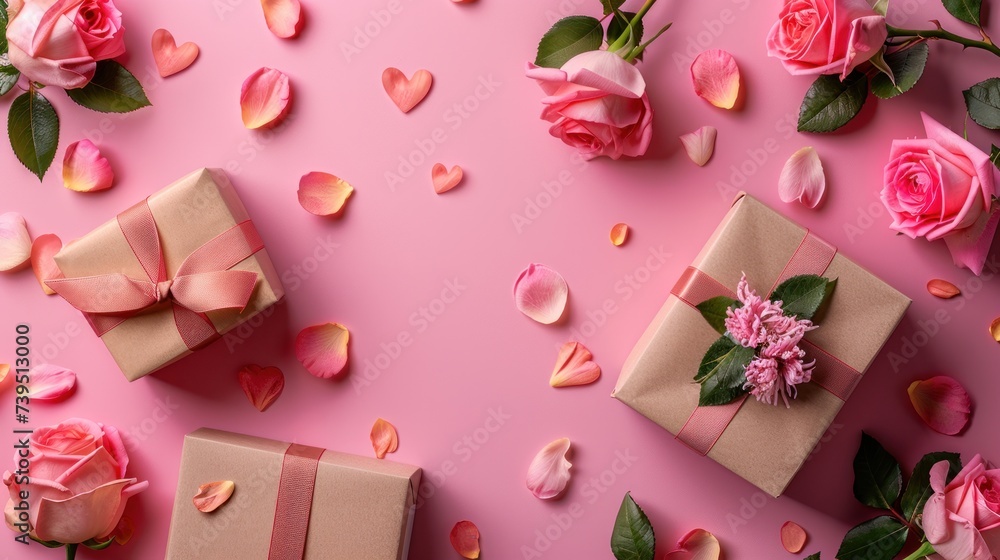 Heart-shaped ribbon alongside gift boxes and rose flowers on a pink background. Perfect for celebrating Valentine's Day, Heart-shaped ribbon alongside gift boxes and rose flowers on a pink background. Perfect for celebrating Valentine's Day,