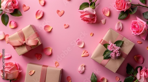 Heart-shaped ribbon alongside gift boxes and rose flowers on a pink background. Perfect for celebrating Valentine's Day, © olegganko