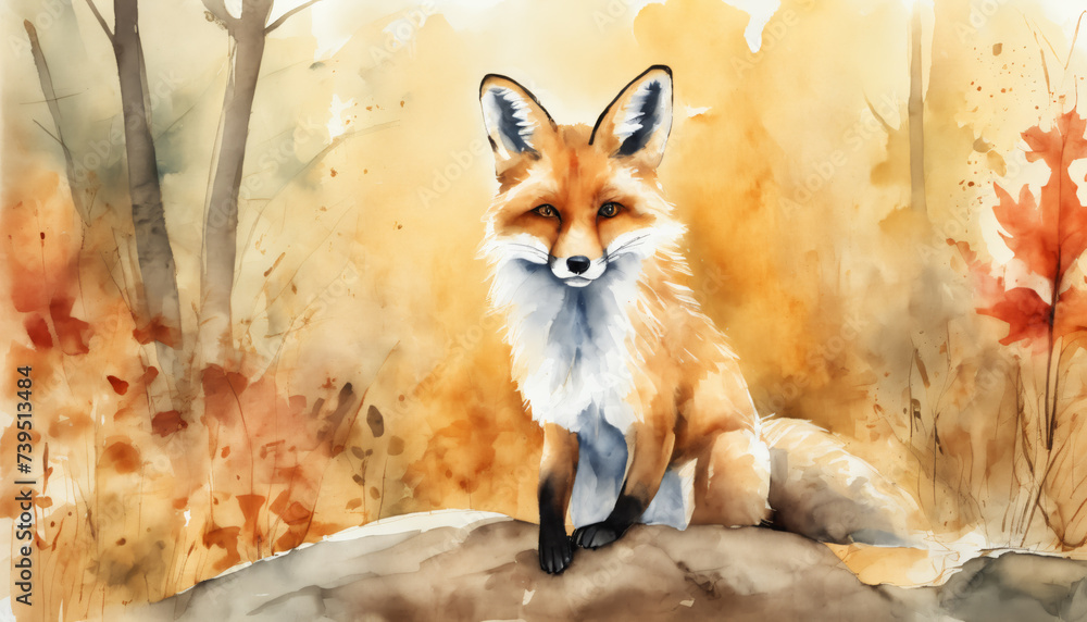 Obraz premium Watercolor Fox in Autumn Forest