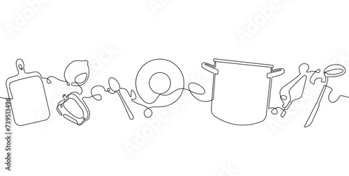 Illustration on culinary theme. Vector Pattern that repeat horizontally. Can be yused as element for restaurant, kitchen, cooking business advert in social media, website, banner, wall art, backgroud.