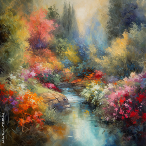 Oil painting  A vibrant beautiful garden with blooming flowers.