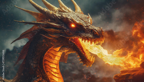 A realistic majestical dark dragon is spitting flames photo