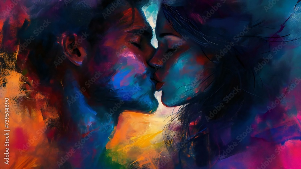 A digital drawing of a lovely duo in a passionate kiss. A colorful close-up of their profiles A digital drawing of a lovely duo in a passionate kiss. A colorful close-up of their profiles