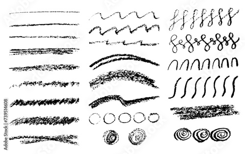 A Set of brushes in chalk. Chalk strokes. Pencil strokes. Marker strokes. Brushes of different shapes on a white background. Vector brushes in grunge style. Vector horizontal lines in pencil. 