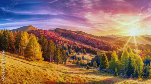 autumn landscape in the mountains. Simple vibrant landscape of nature in the summer morning. Generative AI