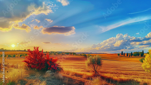 sunset in the field. Simple vibrant landscape of nature in the summer morning. Generative AI