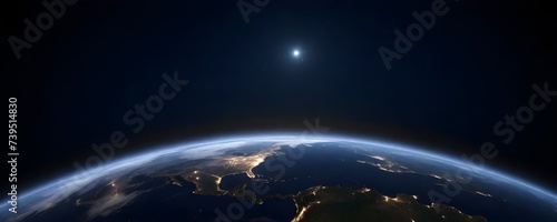 Earth's horizon at night with city lights visible on the landmasses, the moon shining brightly above, and the thin blue line of the atmosphere